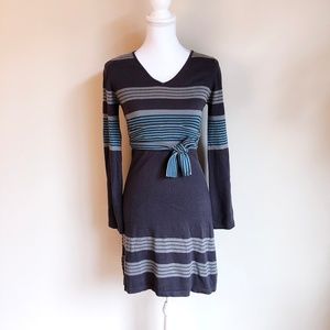 Prana Grey Striped Belted Knit Sweater Dress